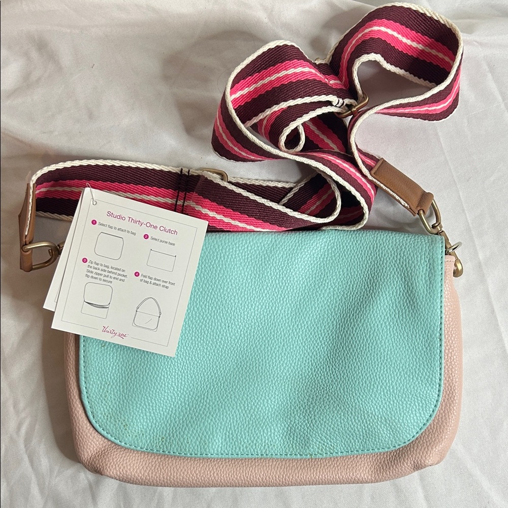 Thirty-One Mint and Pink Clutch with Vibrant Strap